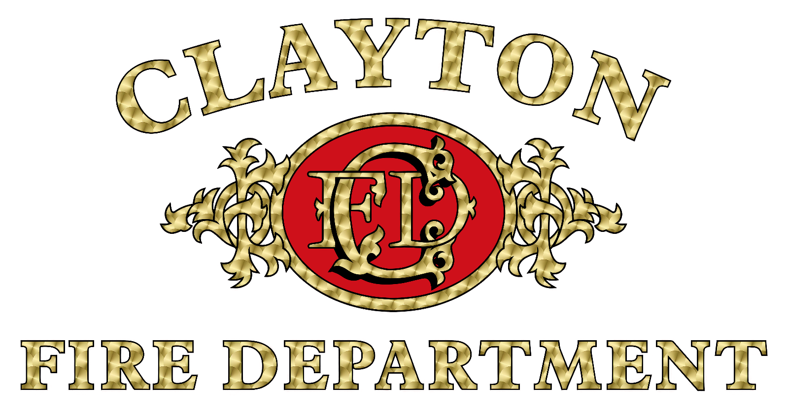 Clayton Fire Department golden scroll logo with red inlay